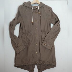 Obey Hooded Utility Jacket Brown XS Lightweight Cotton Snap Button Long‎ Line